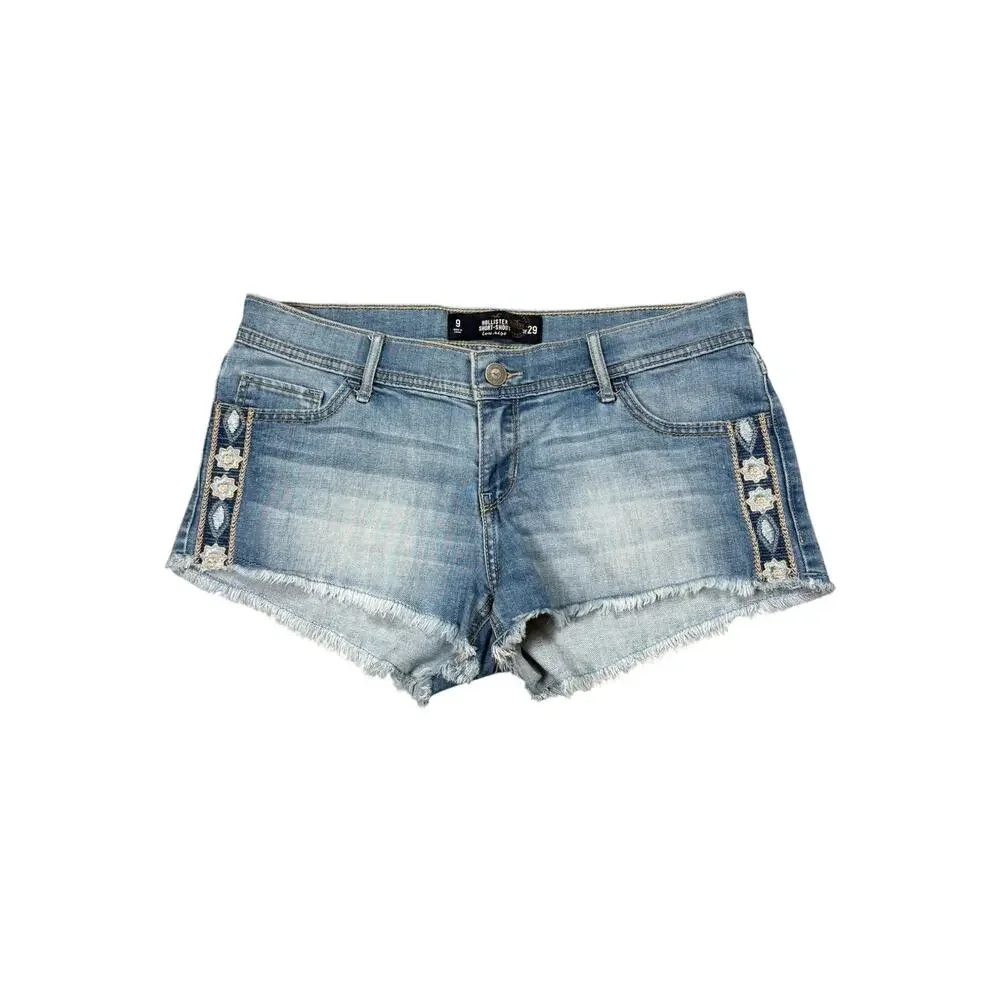 Hollister Low Rise Short Shorts Denim Women's 9/29 Embroidered Y2K Cuttoff Boho - Picture 1 of 8